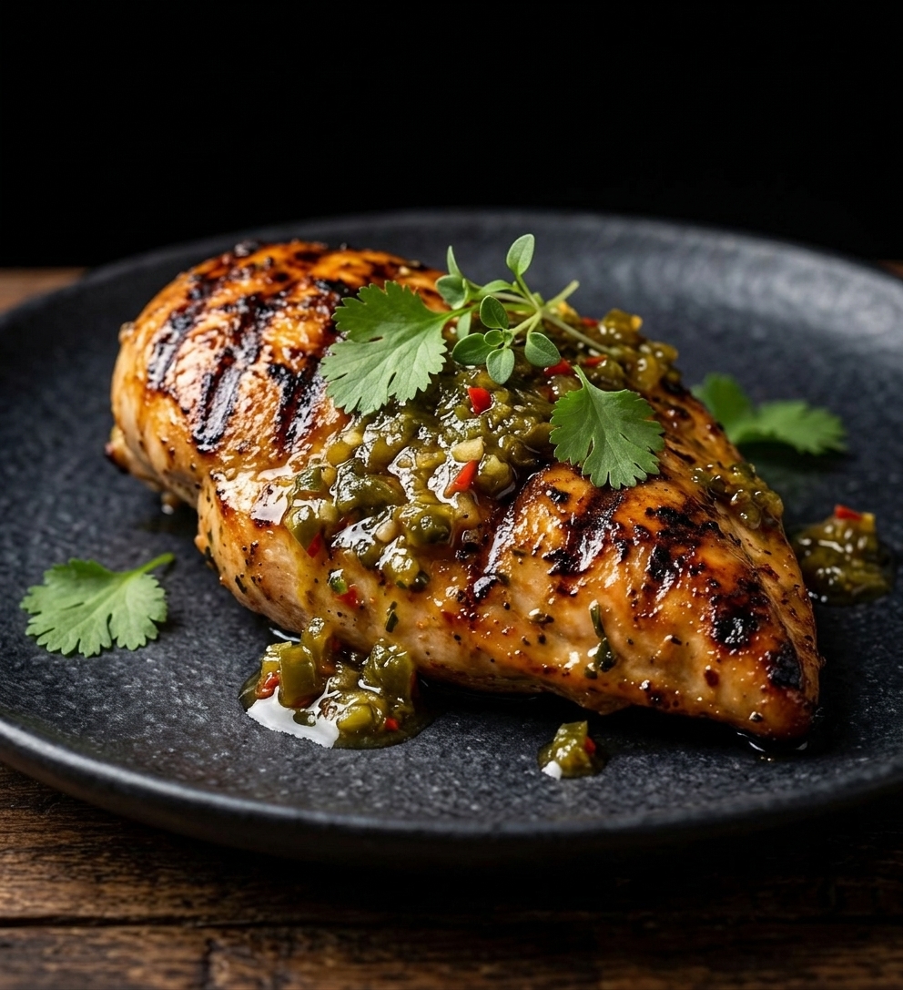 Grilled chicken topped with J-Pop's jalapeño relish
