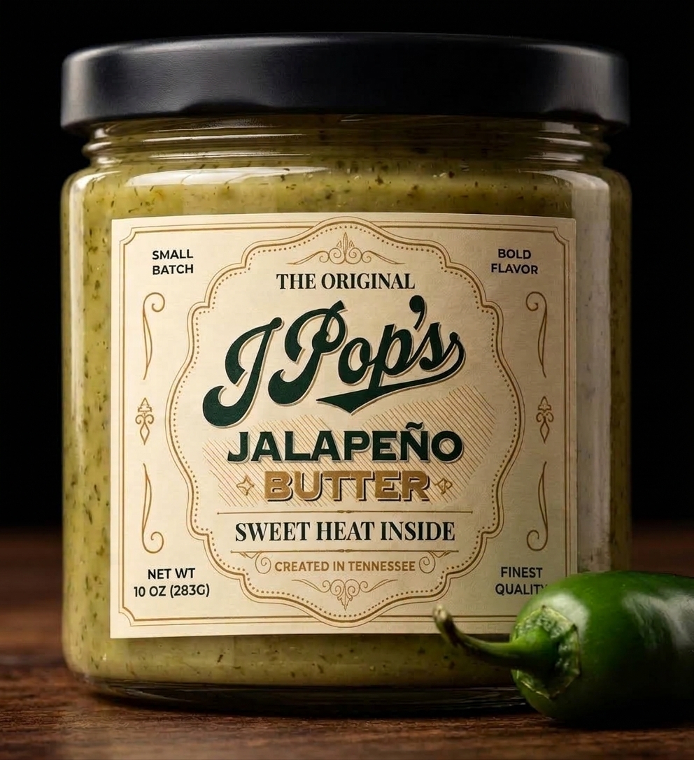 A jar of J-Pop&rsquo;s Jalape&ntilde;o Butter lit against a dark background