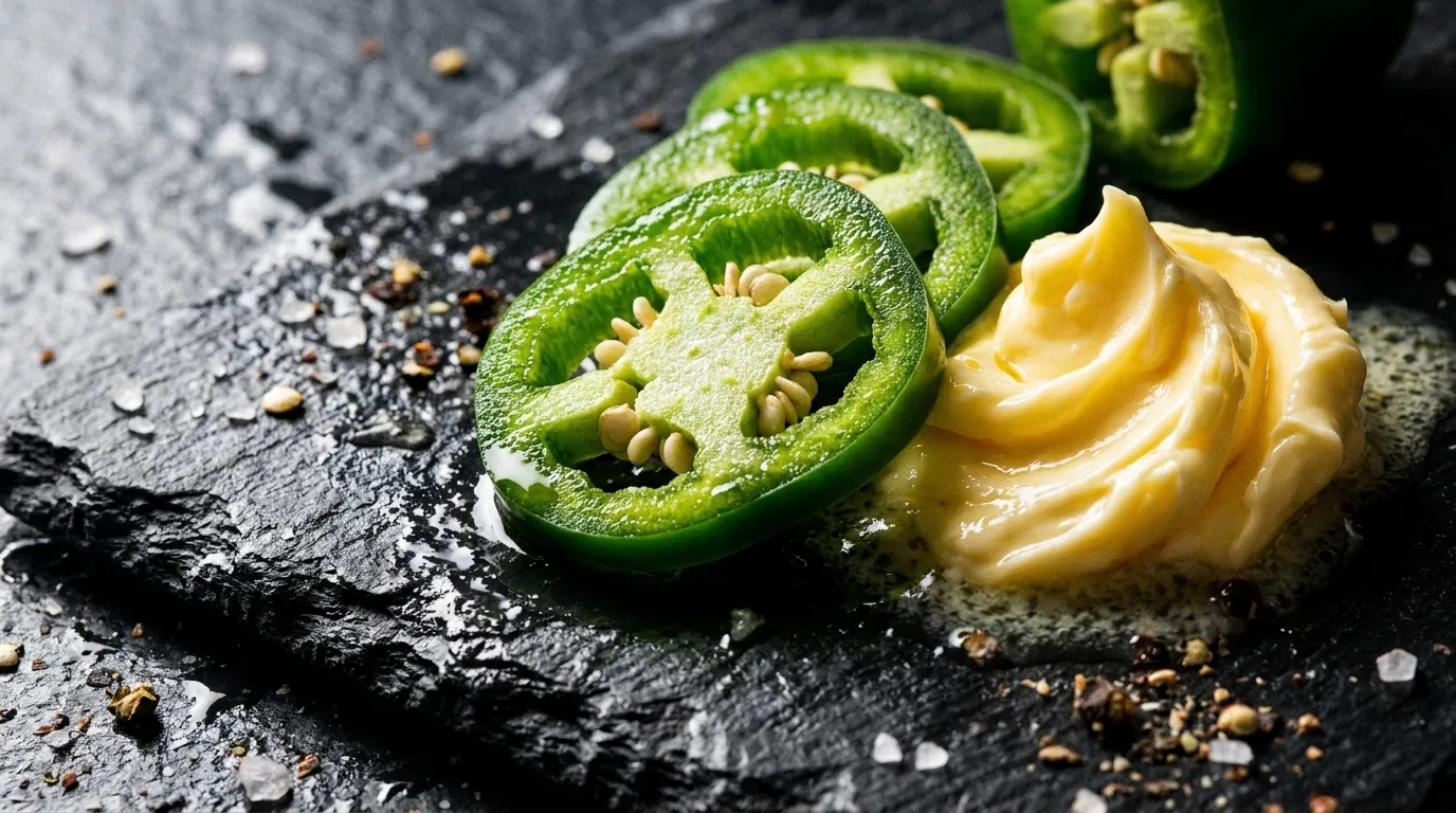 Fresh sliced jalape&ntilde;os beside a swirl of creamy butter