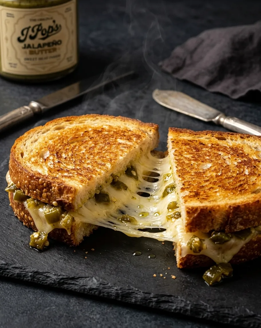 A grilled cheese sandwich made with jalape&ntilde;o butter