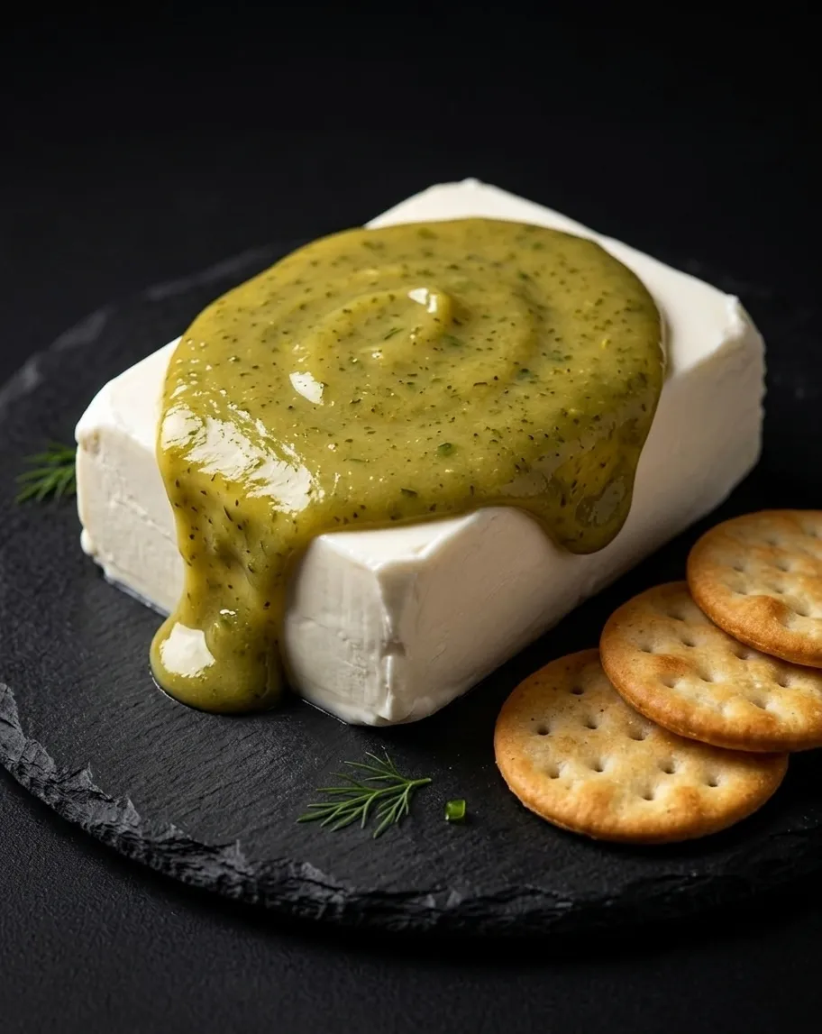 A block of cream cheese topped with J-Pop's relish, served with crackers